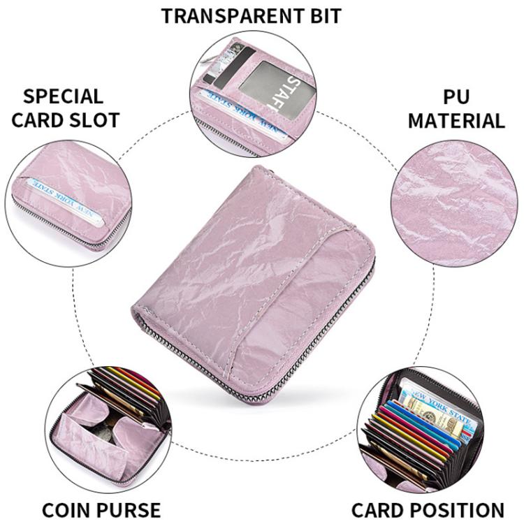 Lilac PU card coin zipper wallet with card slot, coin purse, and transparent bit detail.
