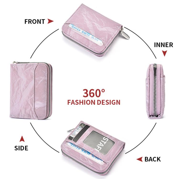 Lilac compact zipper wallet showing front, side, inner, and back 360° design.