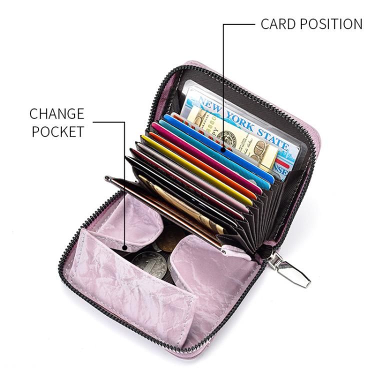 Accordion card wallet opened, showing multi card slots and zip change pocket