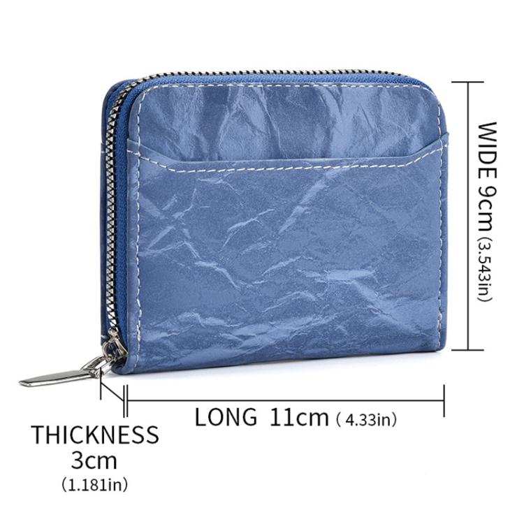 Blue faux-leather zip wallet with front card pocket and accordion texture