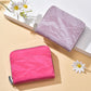 Zipper coin card bag in bright pink and lavender faux-leather, shown side by side