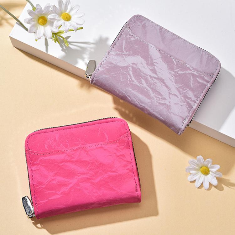 Zipper coin card bag in bright pink and lavender faux-leather, shown side by side