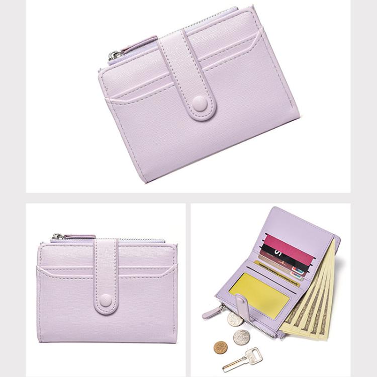 Lilac card wallet with zip coin pouch and multiple card slots, wrist strap