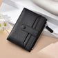 Black slim card wallet with zip coin pocket, textured finish, wrist strap