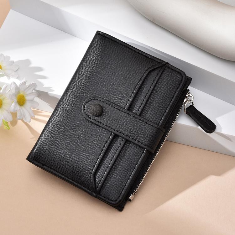 Black slim card wallet with zip coin pocket, textured finish, wrist strap