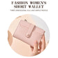 Blush pink slim card wallet with zip coin pocket and card slots, wrist strap
