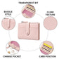 Pink slim card wallet with transparent-style card window and zip coin pouch