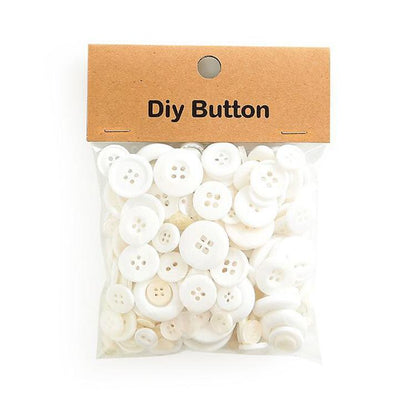 Round resin DIY buttons, white mix in sealed craft bag with kraft header