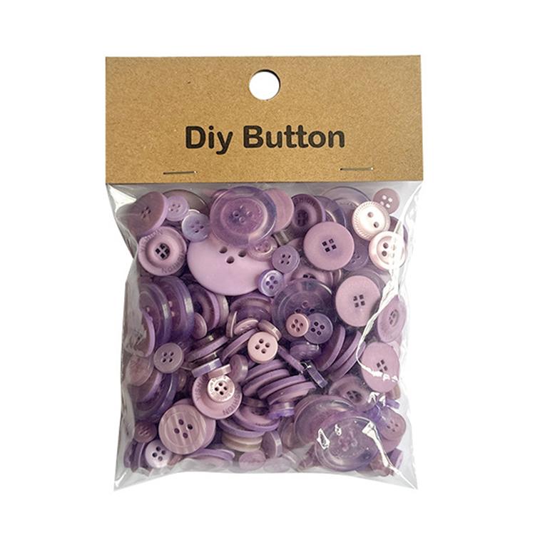 Pack of round resin buttons, purple mixed sizes with 2-4 holes, in clear bag