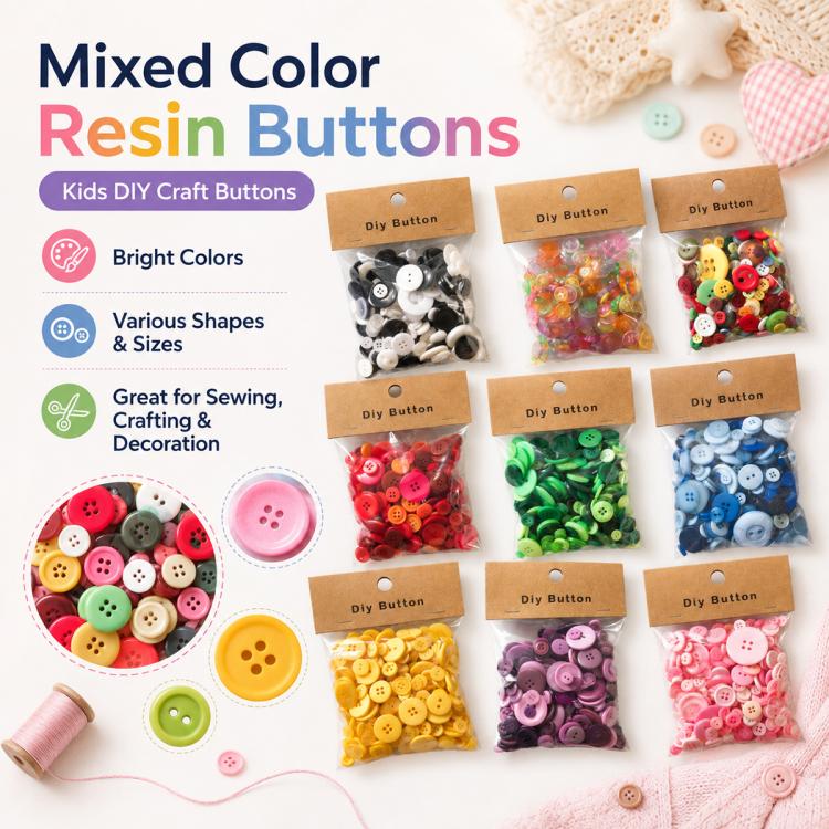 Assorted round resin craft buttons in multiple colors, shown in small labeled packs