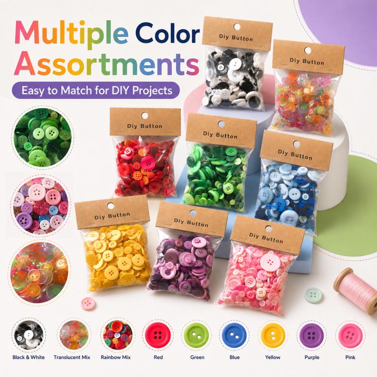 Mixed-color round resin buttons assortment with several mini packs on display