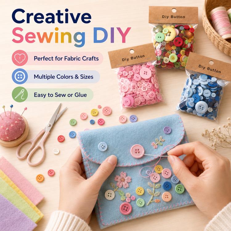 Creative sewing DIY buttons kit with mixed round resin buttons and a felt pouch