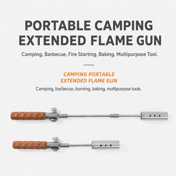 Portable extended flame gun with stainless torch tube and textured wooden handle