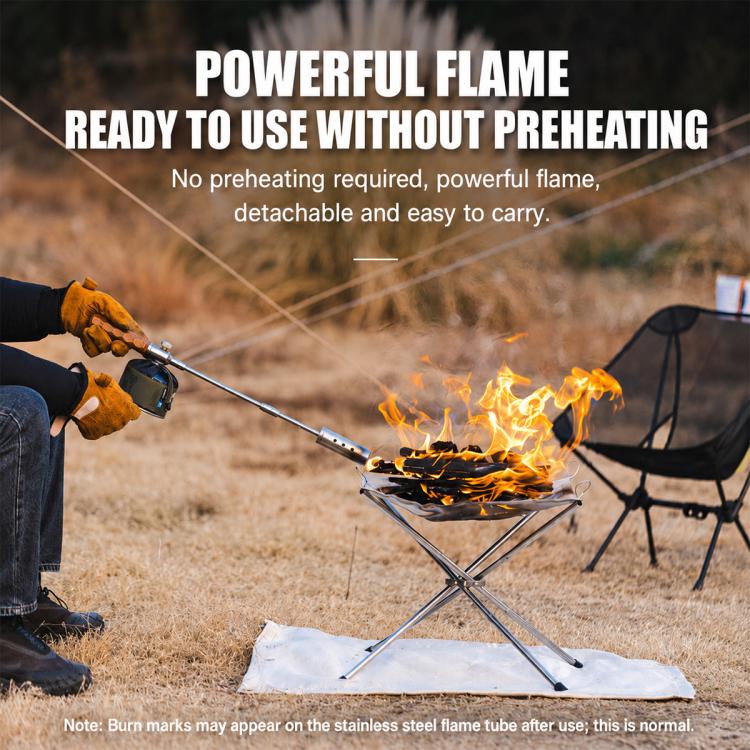 Portable camping flame gun with steady flame over a stand, for quick outdoor use
