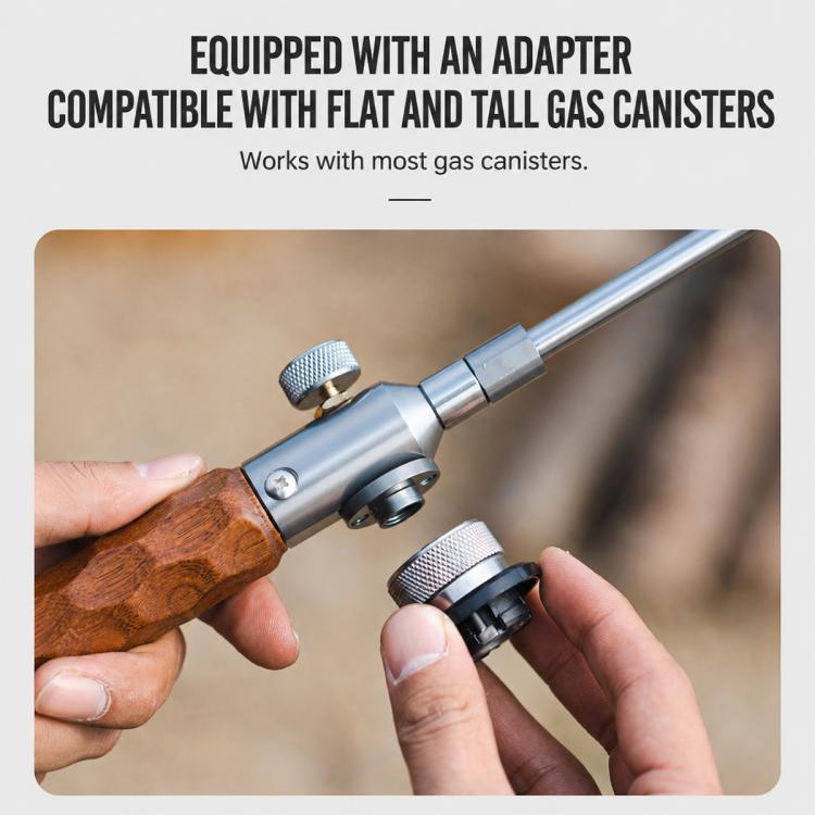Flame gun with gas adapter connectors and wooden handle for attaching a canister