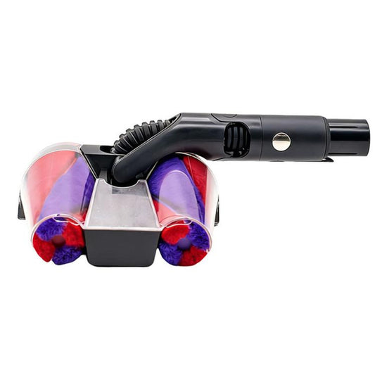 Multi-directional vacuum brush head with clear side window, black nozzle, and roller bristles