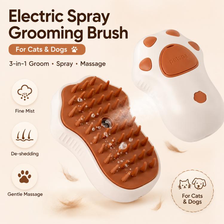 Cat Claws electric spray grooming brush with brown silicone comb tips on a white body