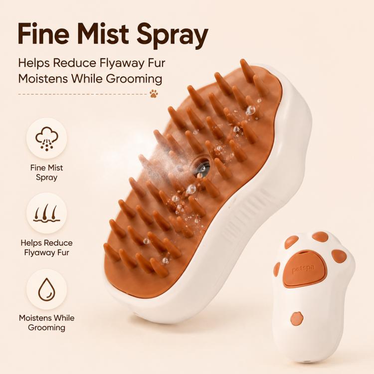 Cat Claws spray grooming brush with brown silicone bristles and visible mist droplets