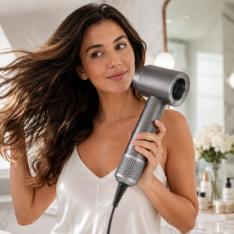 Outer filter mesh cover on hair dryer nozzle, perforated vent grille at the front
