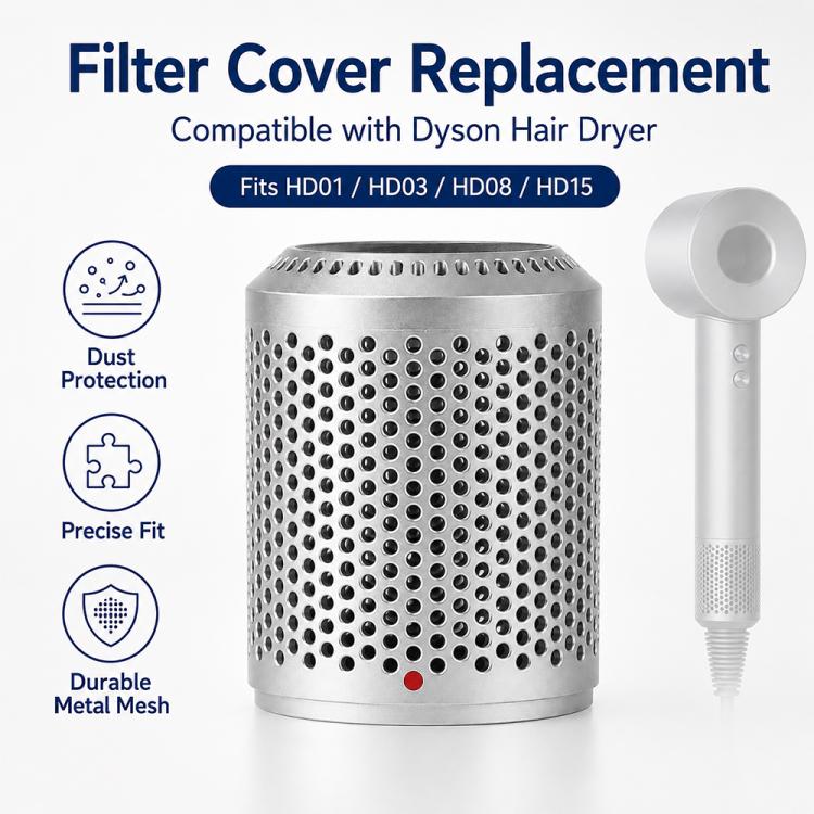 Filter cover replacement showing metal mesh cylinder and hair dryer nozzle parts