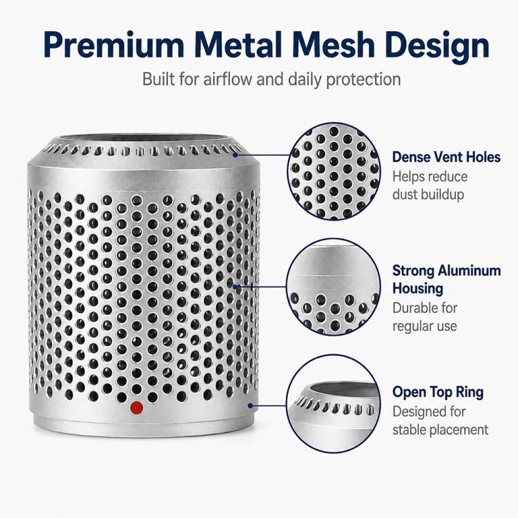 Metal mesh filter cover diagram with dense vent holes and open top ring