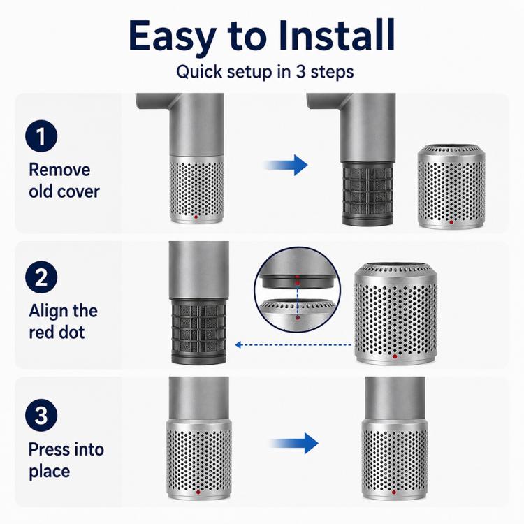 Filter cover install diagram showing align red dot and press into place