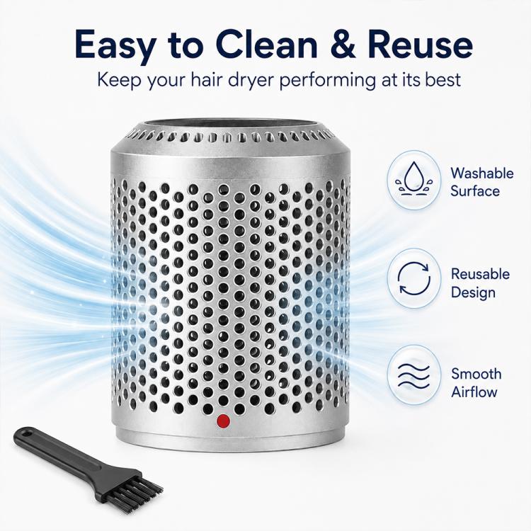 Outer filter mesh cover for Dyson hair dryer, light gray perforated cylinder.