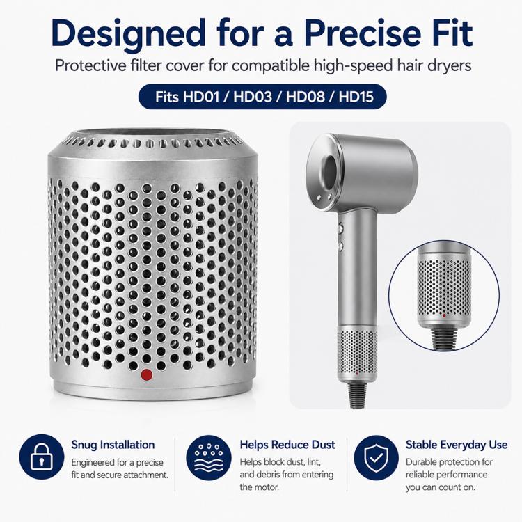 Outer filter mesh cover for Dyson hair dryer, light gray with precise HD01/HD03/HD08/HD15 fit.