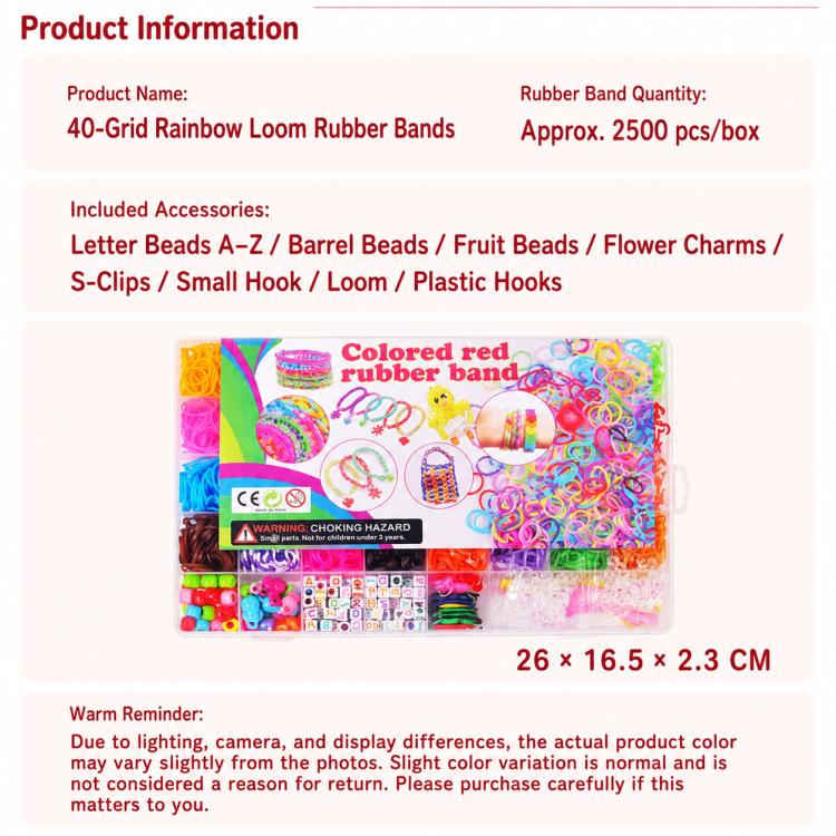 2500 PCS/Box 40-grid Rainbow Rubber Bands DIY Craft Bracelet Making Kit, 2500 PCS/Box 40-grid