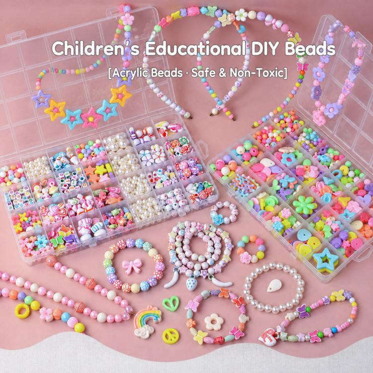 Children’s DIY beaded bracelet kit with multiple finished bead bracelets and storage grids