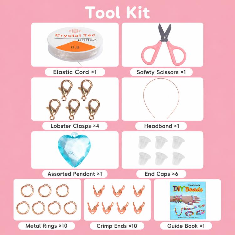 DIY beads tool kit with elastic cord, safety scissors, clasp charms, rings, and headband