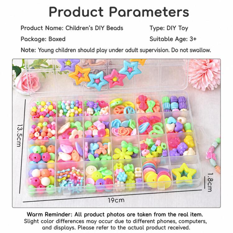 Children’s DIY beads boxed kit product information card with measurements and age