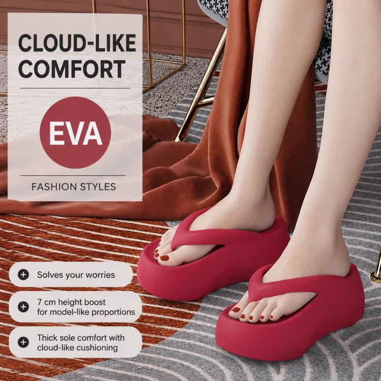 Red EVA thick-soled flip-flops on feet with molded thong straps and thick platform sole