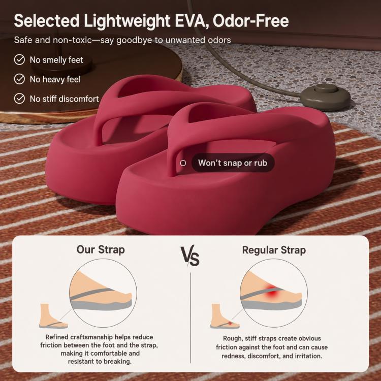 Red EVA thick-soled flip-flops with molded thong straps, close-up view