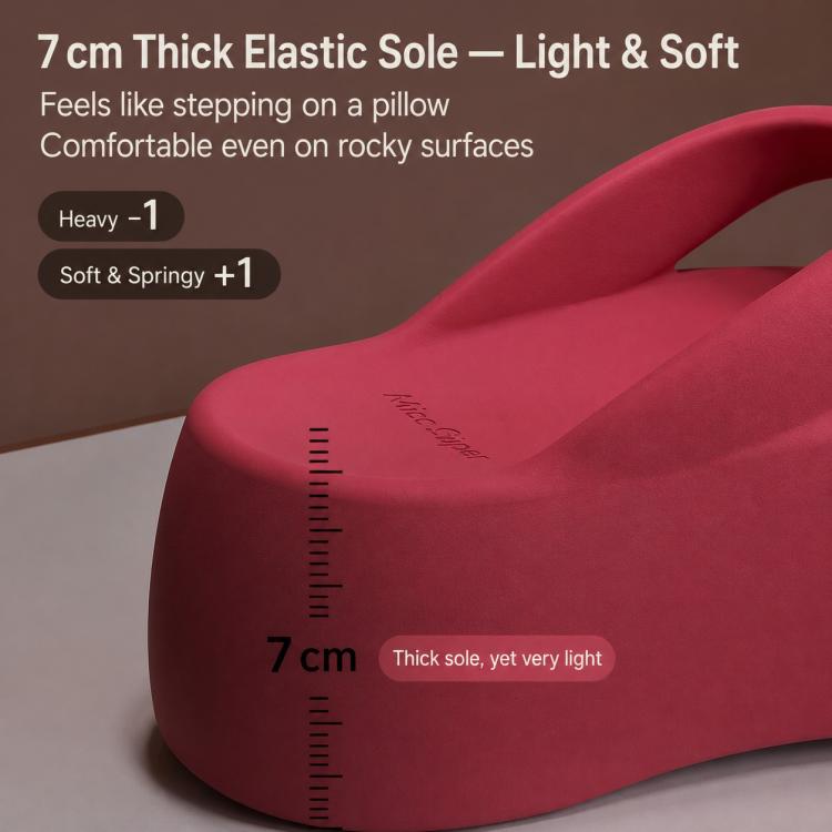 Red EVA thick elastic platform sole of flip-flops, molded thong strap visible