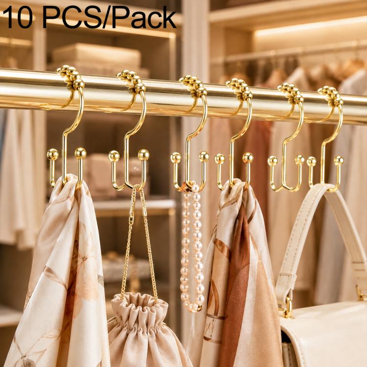 10-pack shower curtain hook set with gold-tone metal hooks holding curtains