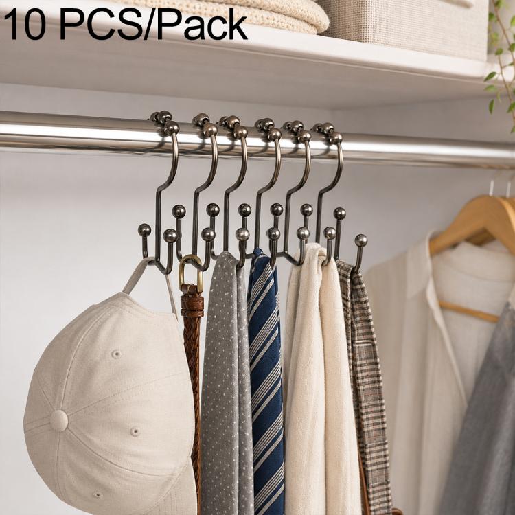10-pack shower curtain hook set with silver-tone hooks holding caps and textiles