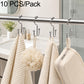 Shower curtain hooks with bead heads and curved prongs, holding textured fabrics