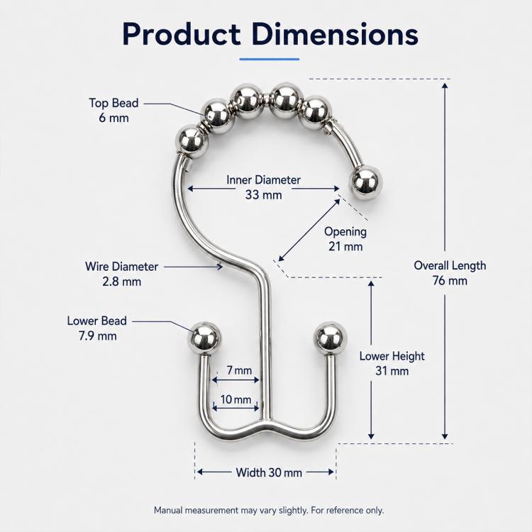 Curtain hook size diagram with inner diameter, wire diameter, and overall length