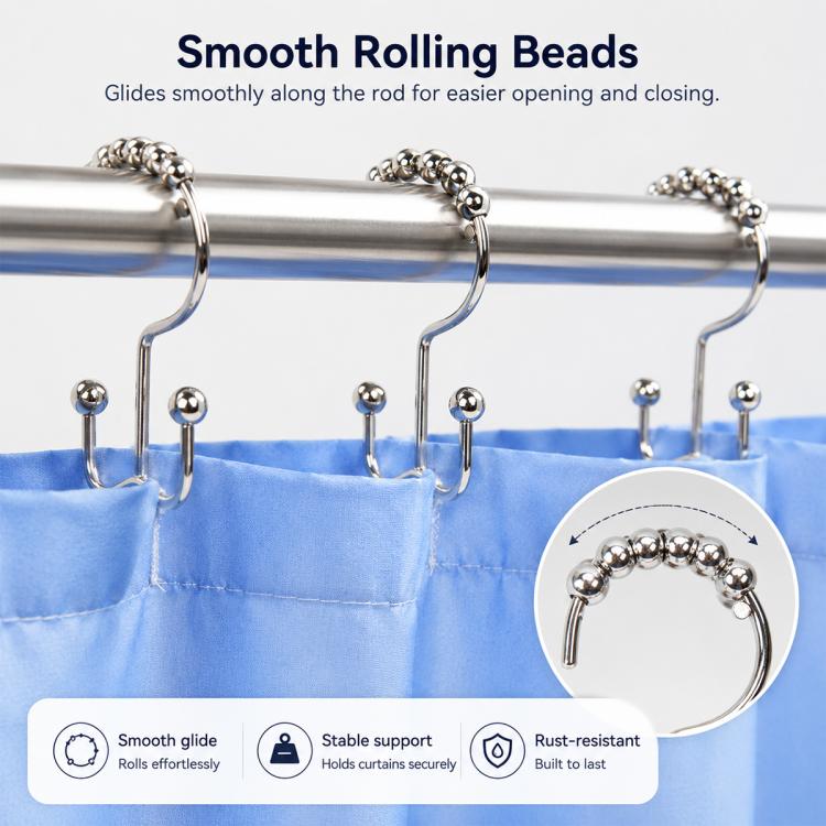 Smooth rolling bead curtain hooks with stable support and rust-resistant design