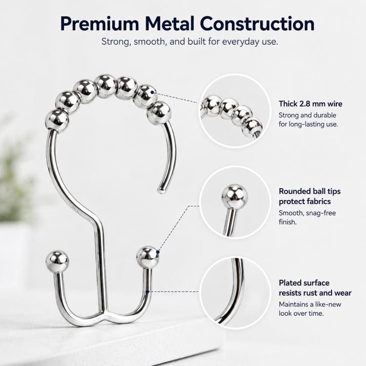 Stainless steel curtain hook with rounded ball tips and 2.8 mm wire thickness