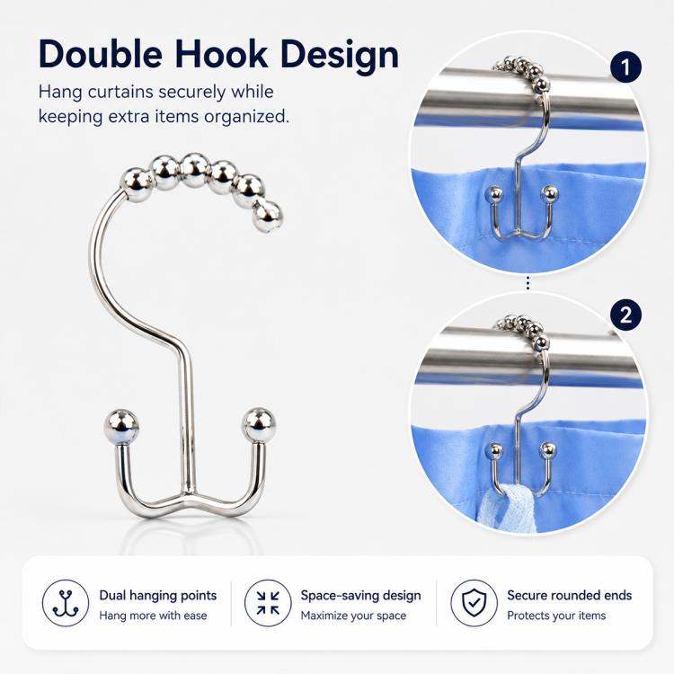 Double hook curtain hanger design with dual hanging points and secure rounded ends