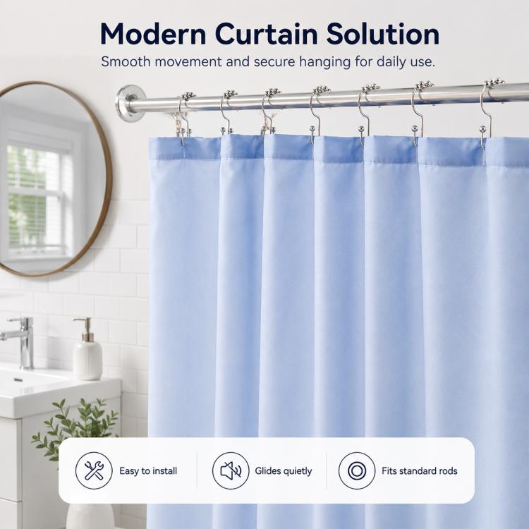 Shower curtain hooks on a rod holding a blue shower curtain panel