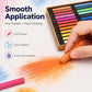 Hand holding an orange pastel chalk stick above a boxed set of multicolor chalk bars.
