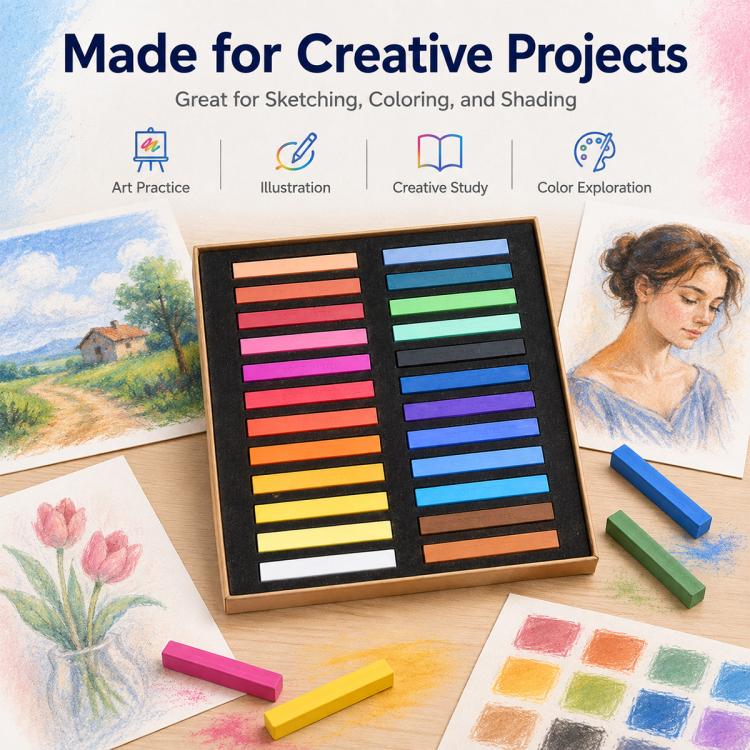 Pastel chalk sticks set in open box with multiple colorful sticks and drawing papers.