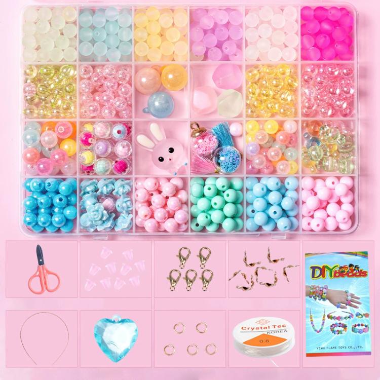 Children's beaded bracelet kit with colorful bead grid organizer and string accessories