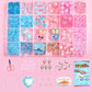 Children's beaded bracelet kit with blue and pink bead tray, round beads in separate grids