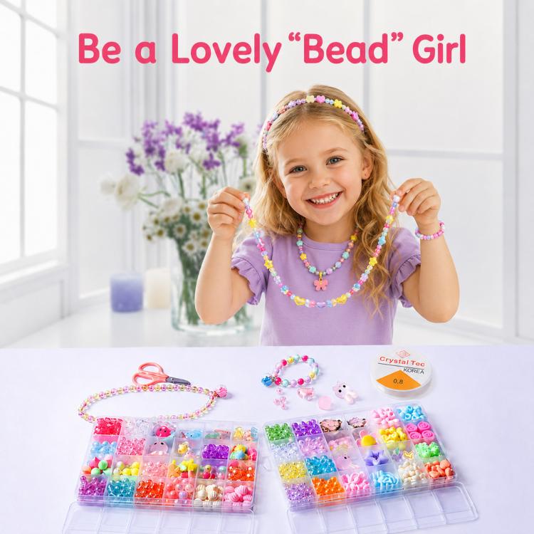 Children's beaded bracelet kit: child wearing colorful bead necklaces and heart charm