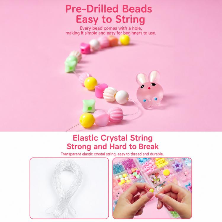 Children's beaded bracelet kit with pre-drilled beads ready to string on elastic cord