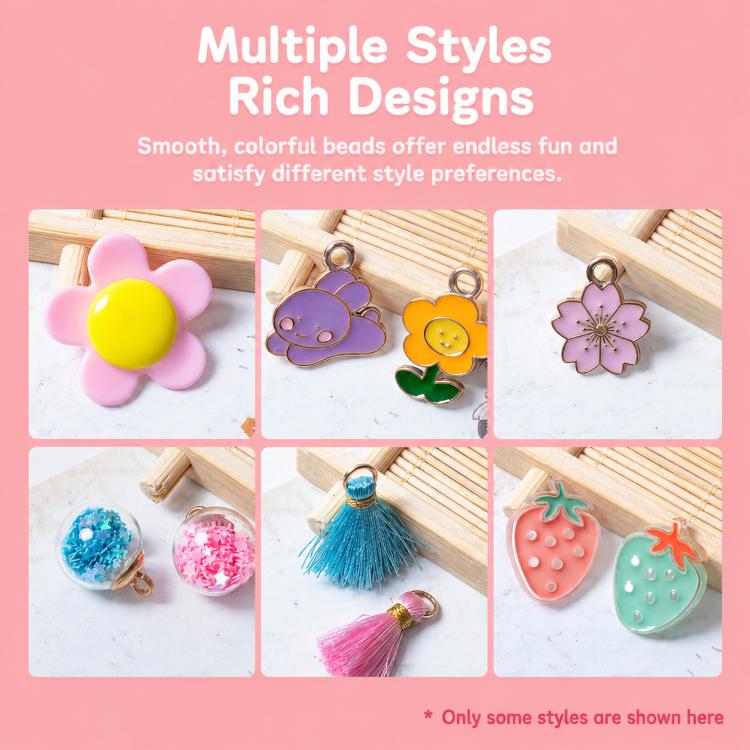 Children's beaded bracelet kit showing colorful pendant and charm design examples